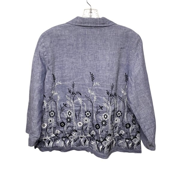 Coldwater Creek Womens Blue Linen Embroidered Jacket M Floral Design Long Sleeve - Picture 2 of 10